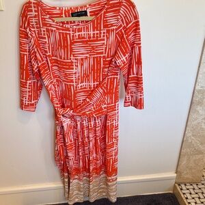 Jones New York Red and White Patterned Long Sleeve Dress